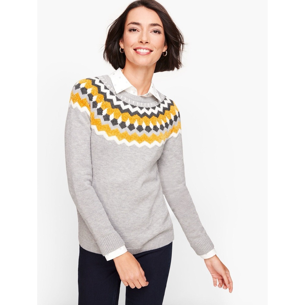 Talbots Chenille Fair Isle Trim Sweater M Lambswool Blend Pullover Grey Yellow